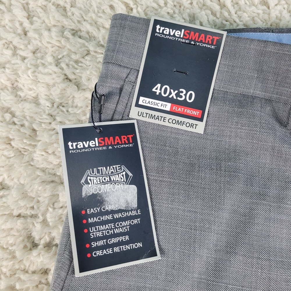 Roundtree & Yorke TravelSmart Pants Mens 40x30 Grey NEW Flat Front Classic Fit